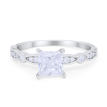 Art Deco Princess Cut  Engagement Ring Round Simulated CZ 925 Sterling Silver